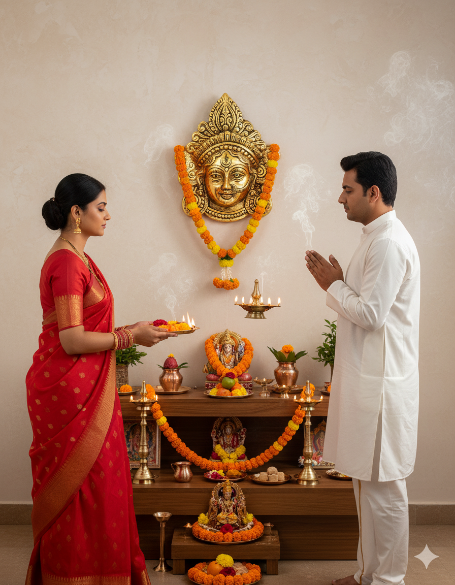 Maa Ambika Durga Face Wall Hanging Metal Idol Showpiece – 15.24 cm (Gold Plated, Metal, Gold)