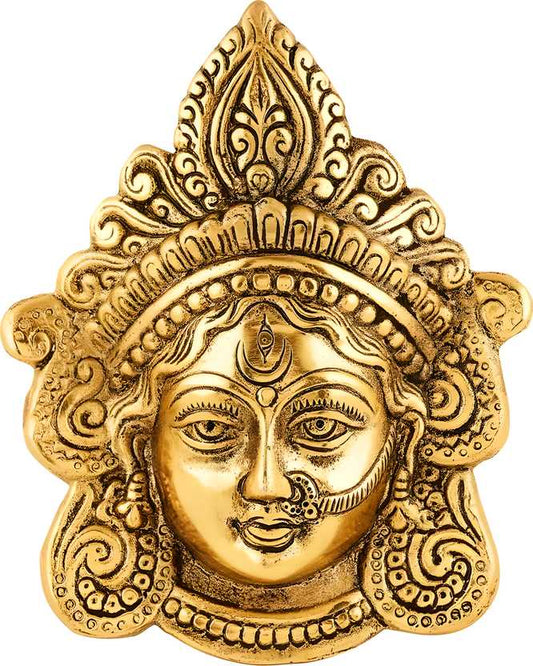 Maa Ambika Durga Face Wall Hanging Metal Idol Showpiece – 15.24 cm (Gold Plated, Metal, Gold)