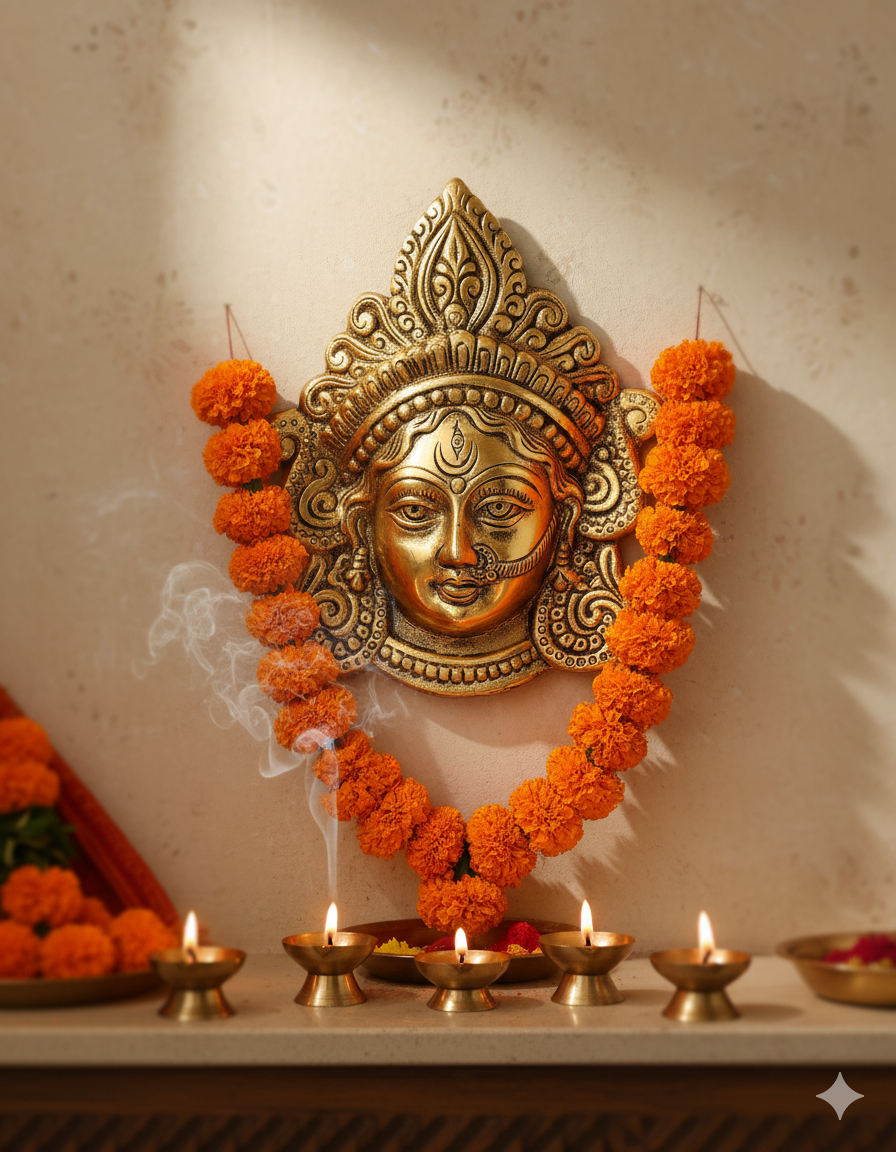Maa Ambika Durga Face Wall Hanging Metal Idol Showpiece – 15.24 cm (Gold Plated, Metal, Gold)