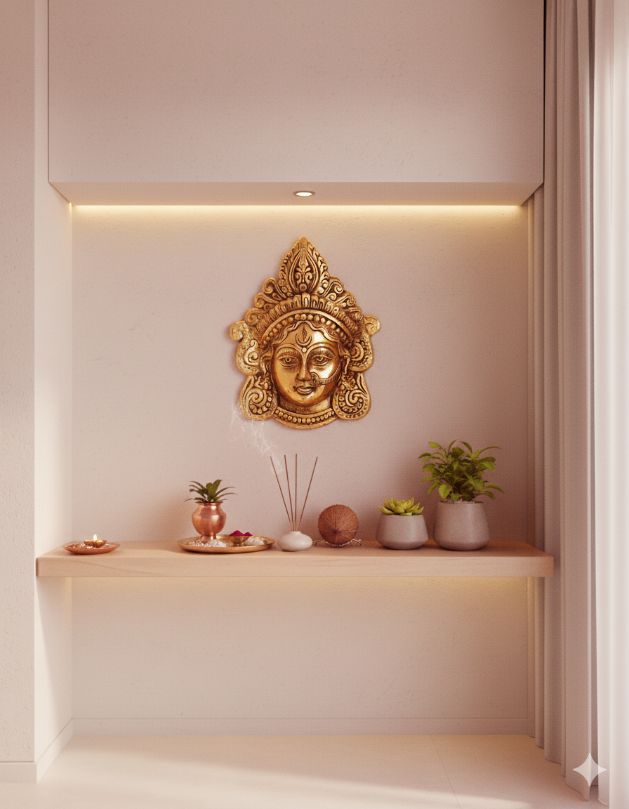 Maa Ambika Durga Face Wall Hanging Metal Idol Showpiece – 15.24 cm (Gold Plated, Metal, Gold)