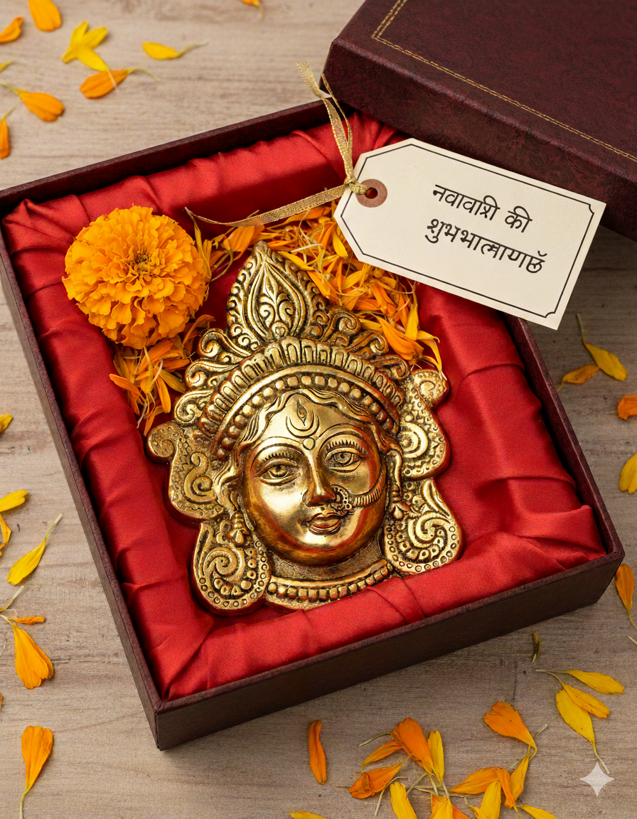 Maa Ambika Durga Face Wall Hanging Metal Idol Showpiece – 15.24 cm (Gold Plated, Metal, Gold)